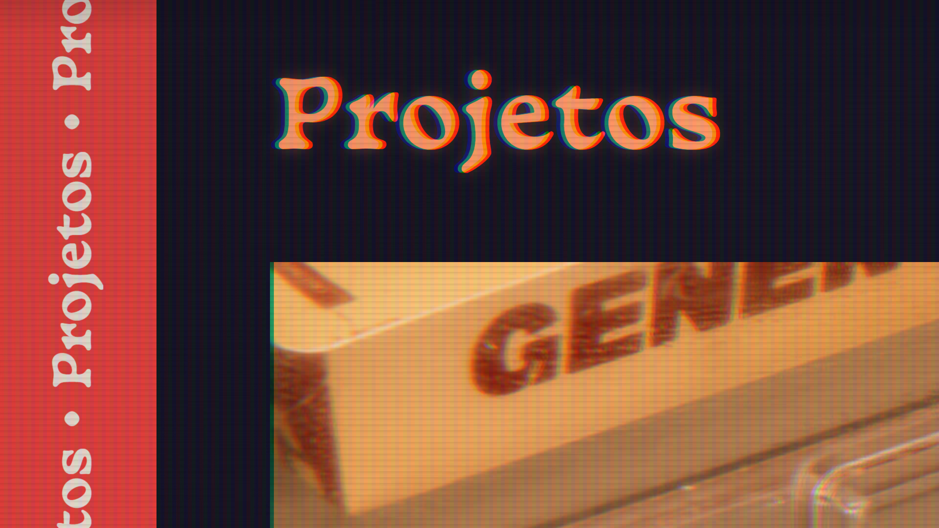 Recorte ampliado da home do site com o efeito CRT ligado: scanlines, franjas de cor e brilho ao redor dos elementos